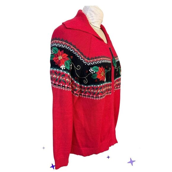 Dress Barn Holiday Cardigan Full Zip Embroidery Poinsettias Plus 1X Vtg - Picture 3 of 15